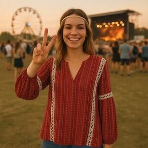 Boho Red Peasant Blouse XXL Tribal Print White Lace V-Neck Long Sleeve Top